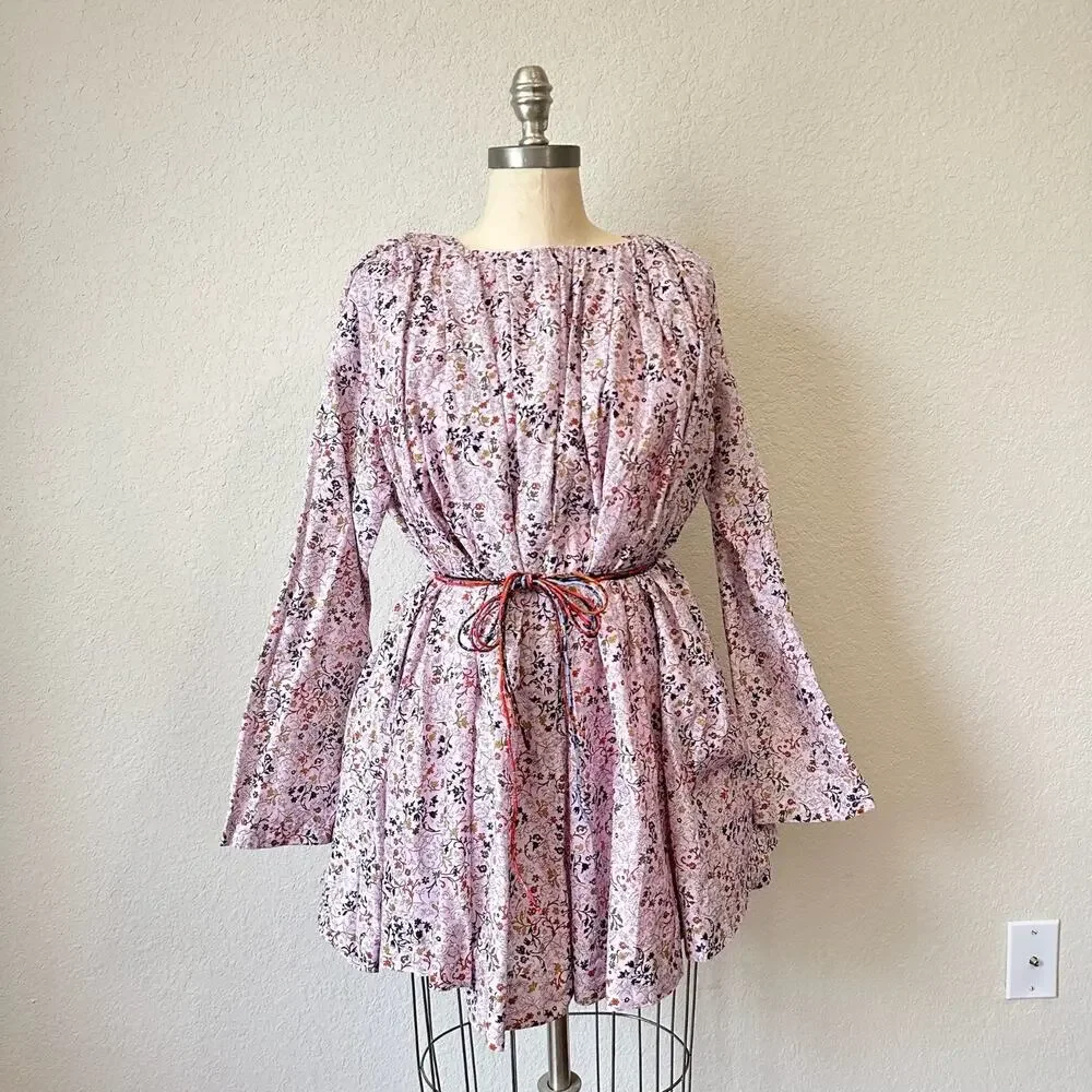 ELLIETTE Tate Mini Dress Pink Floral Silk Long Sleeve Tie Waist Fairy